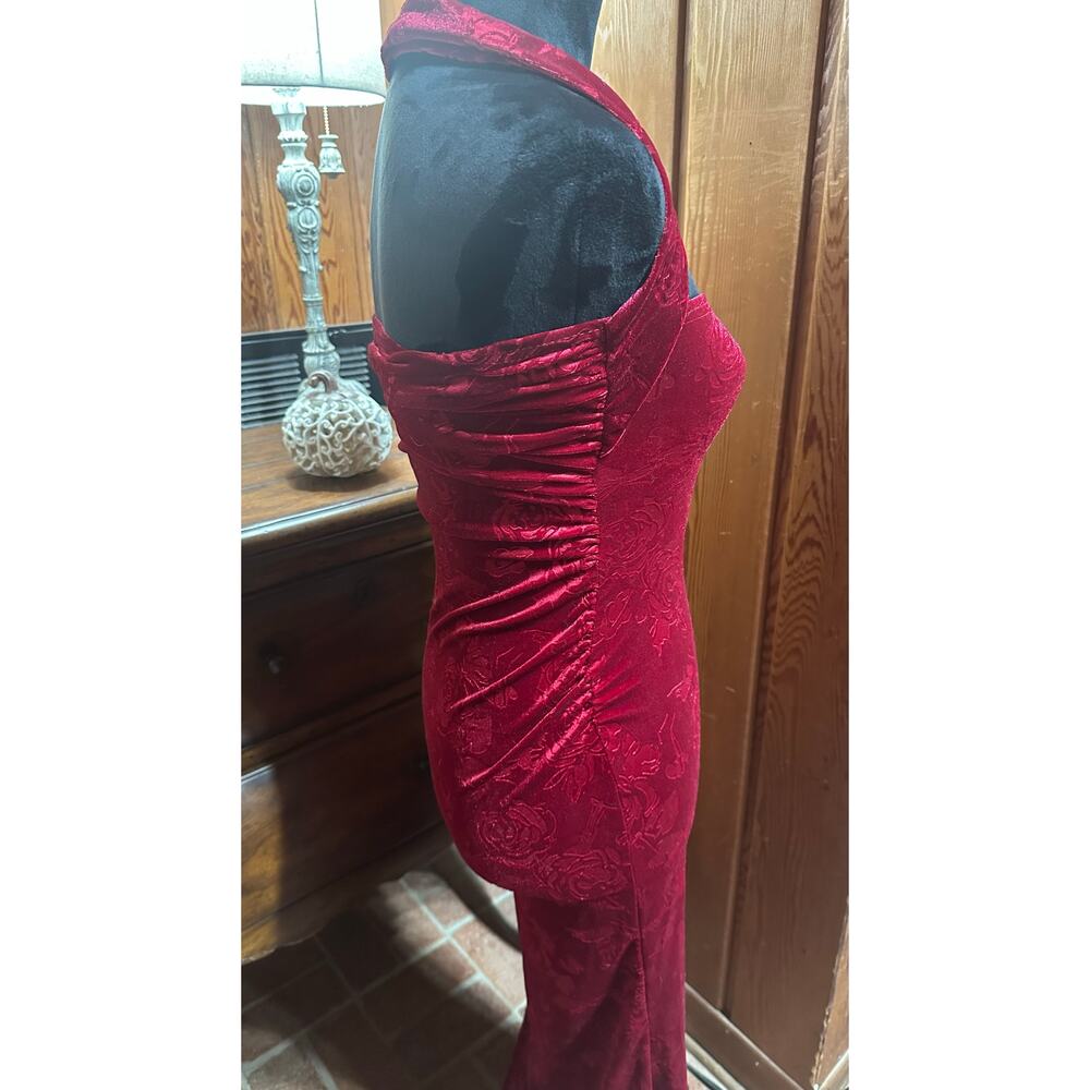 Holiday Party Velvet Slit Hem Halter Neck Party Maxi Dress Burgundy XS Vamp - Picture 4 of 9